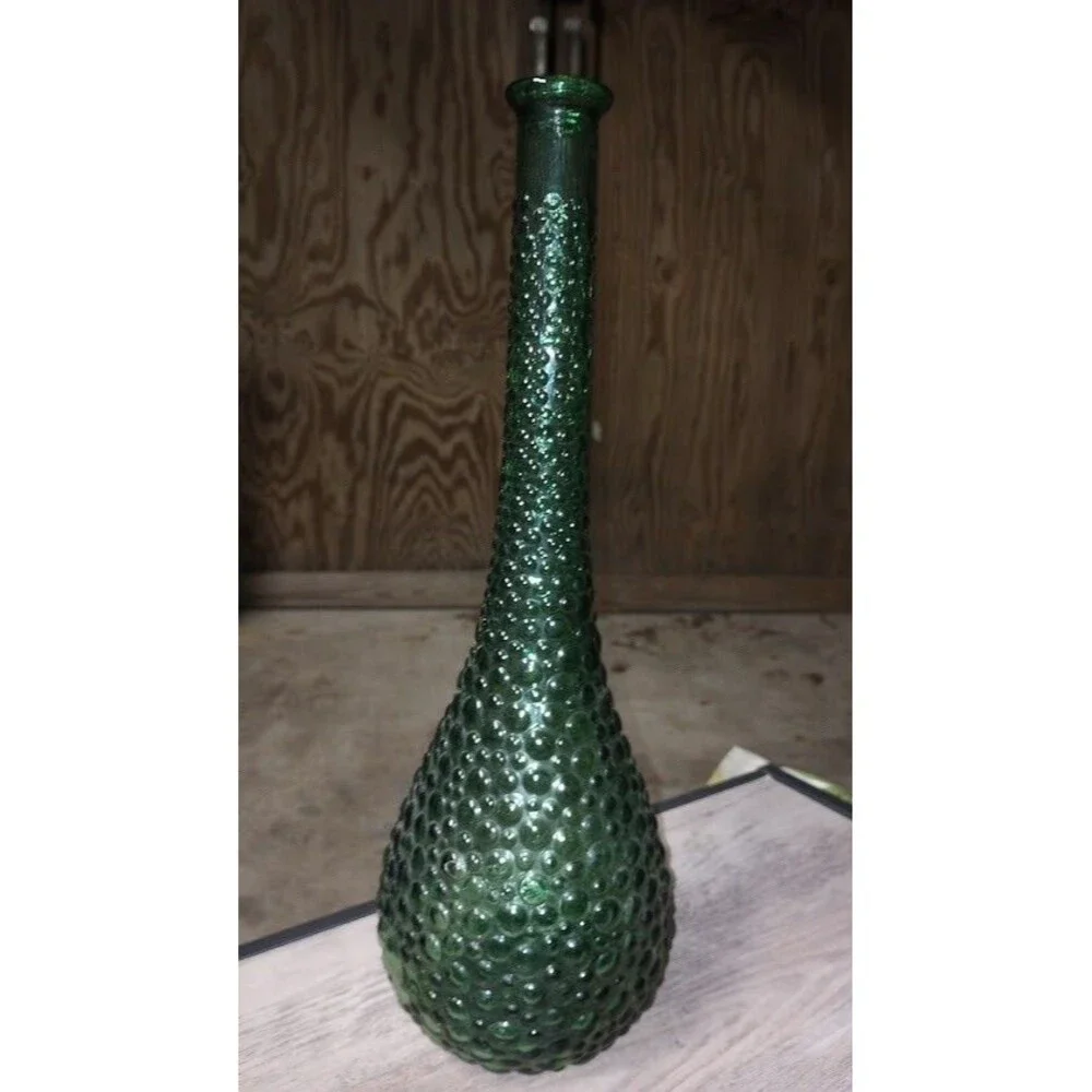 Vintage 1950s Midcentury Empoli Bubble Hobnail Green Glass Bottle Vase 15.5